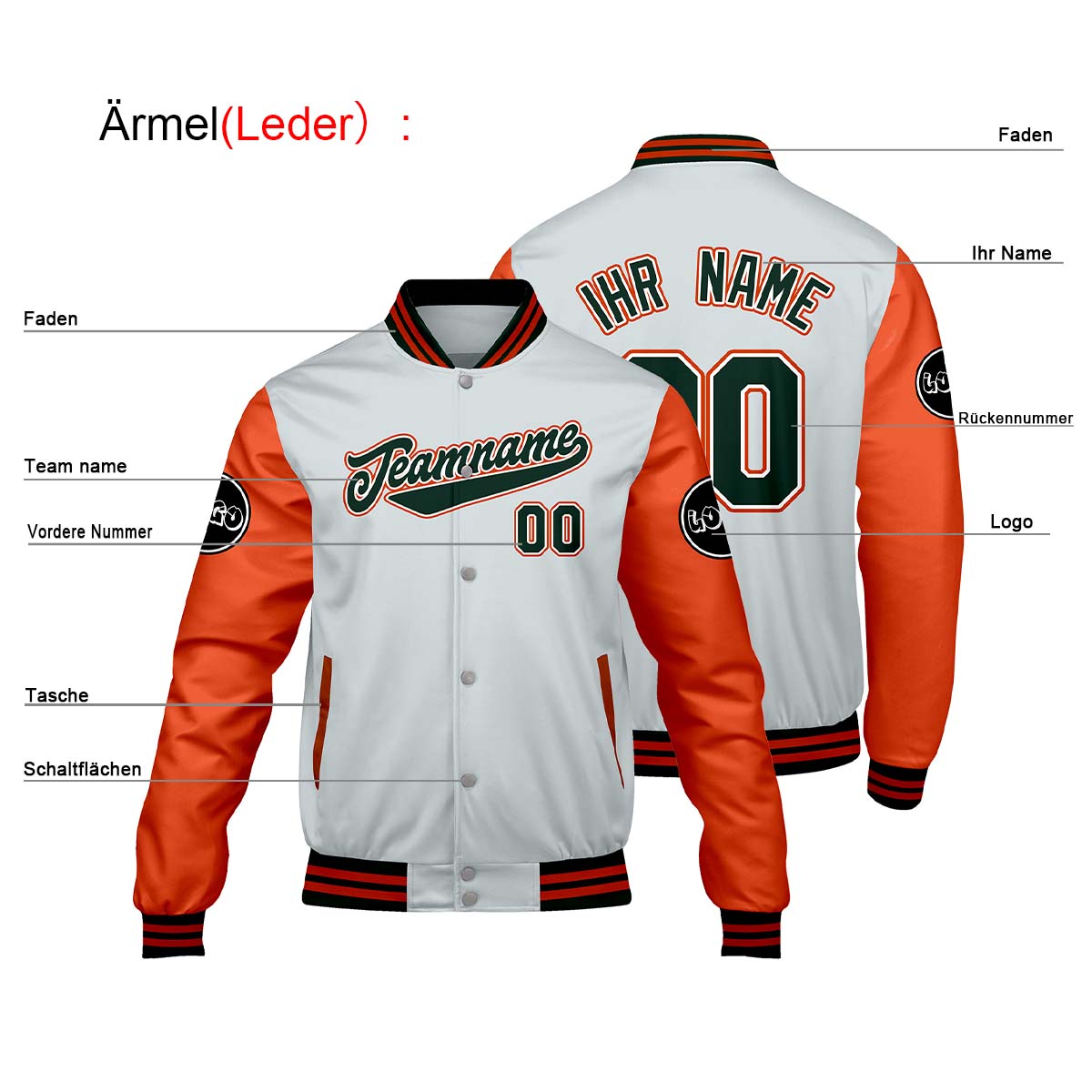 Maßgeschneiderte Hellgrau Orange Letterman Varsity Jacket Individuelle Stickerei Druck nach Ihrem Wunsch