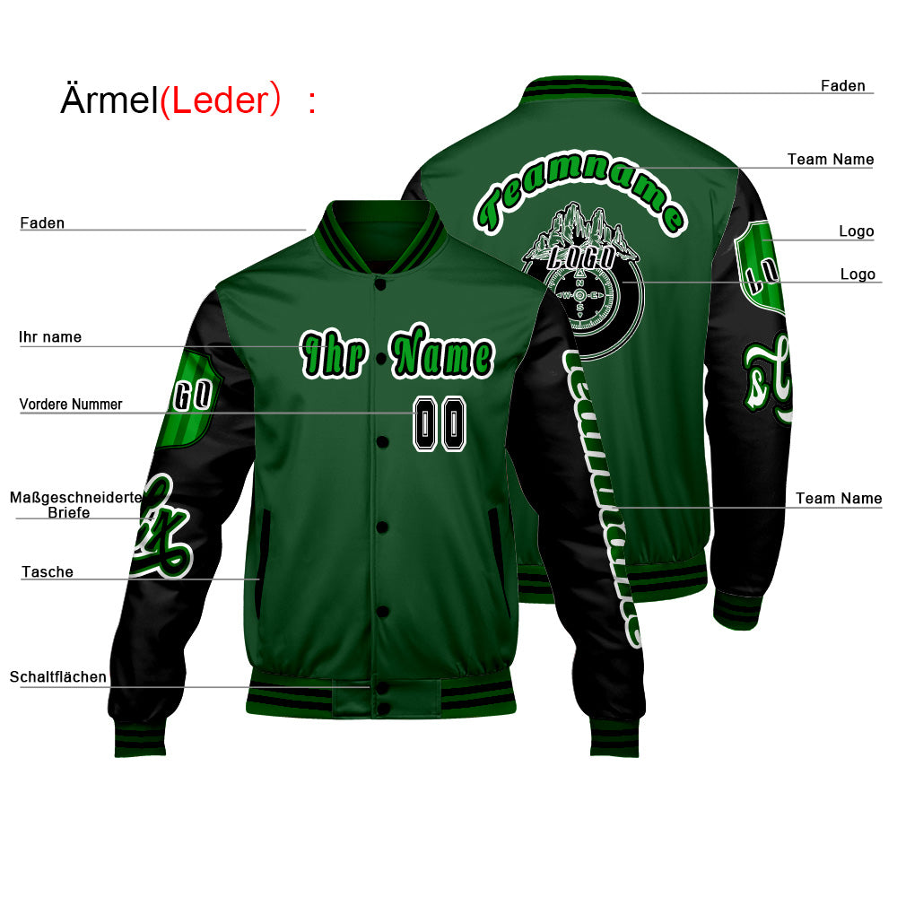 Maßgeschneiderte Grün Schwarz Letterman Varsity Jacket Individuelle Stickerei  Druck nach Ihrem Wunsch