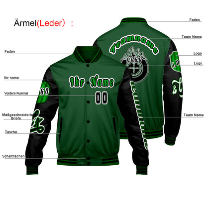 Maßgeschneiderte Grün Schwarz Letterman Varsity Jacket Individuelle Stickerei  Druck nach Ihrem Wunsch