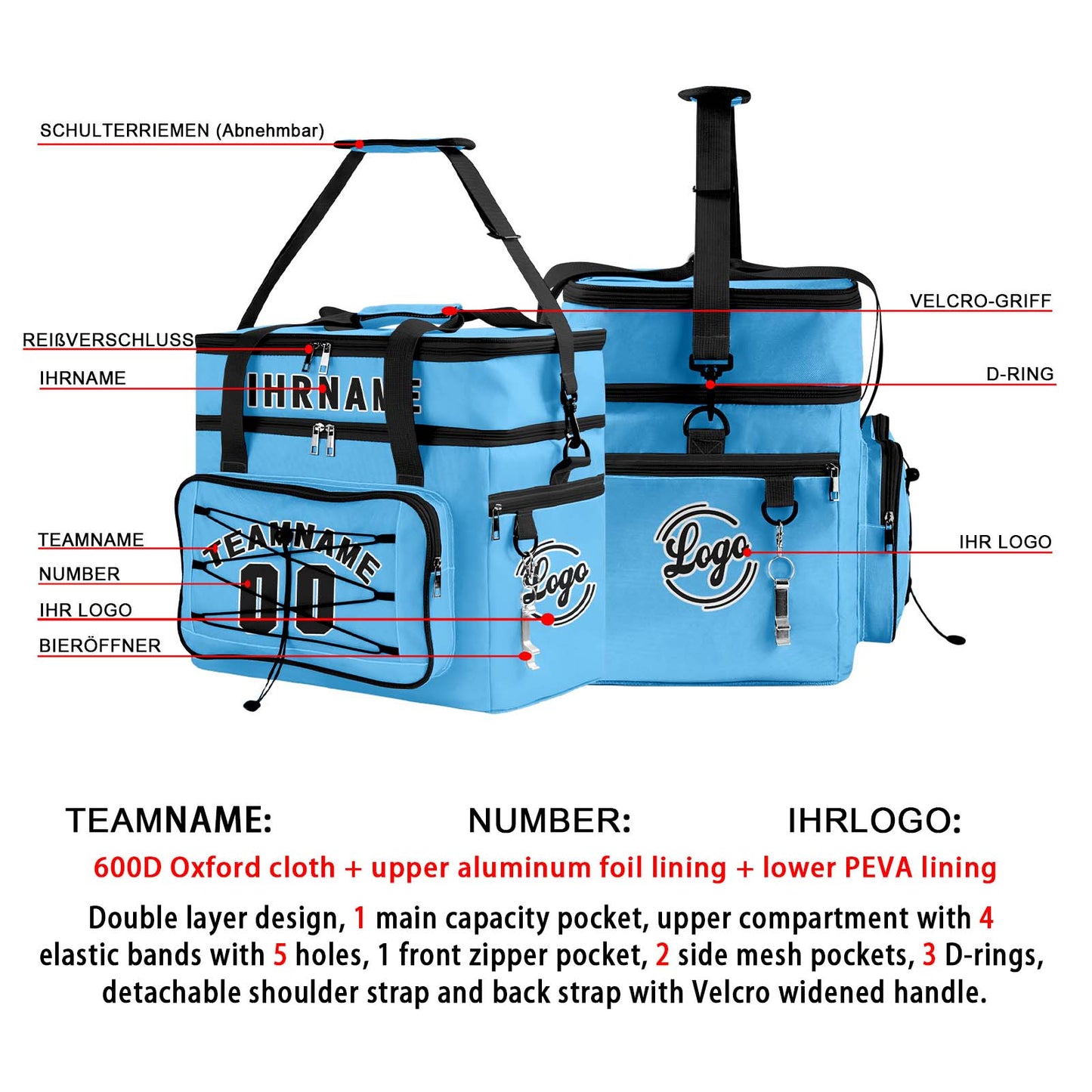 Maßgeschickerte Blau Schwarz vollflächig bedruckte isolierte Kühltasche mit Doppelwand Wasserdichte 600D Oxford Picknick-Tragetasche für Teamevents & Outdoor-Grillen