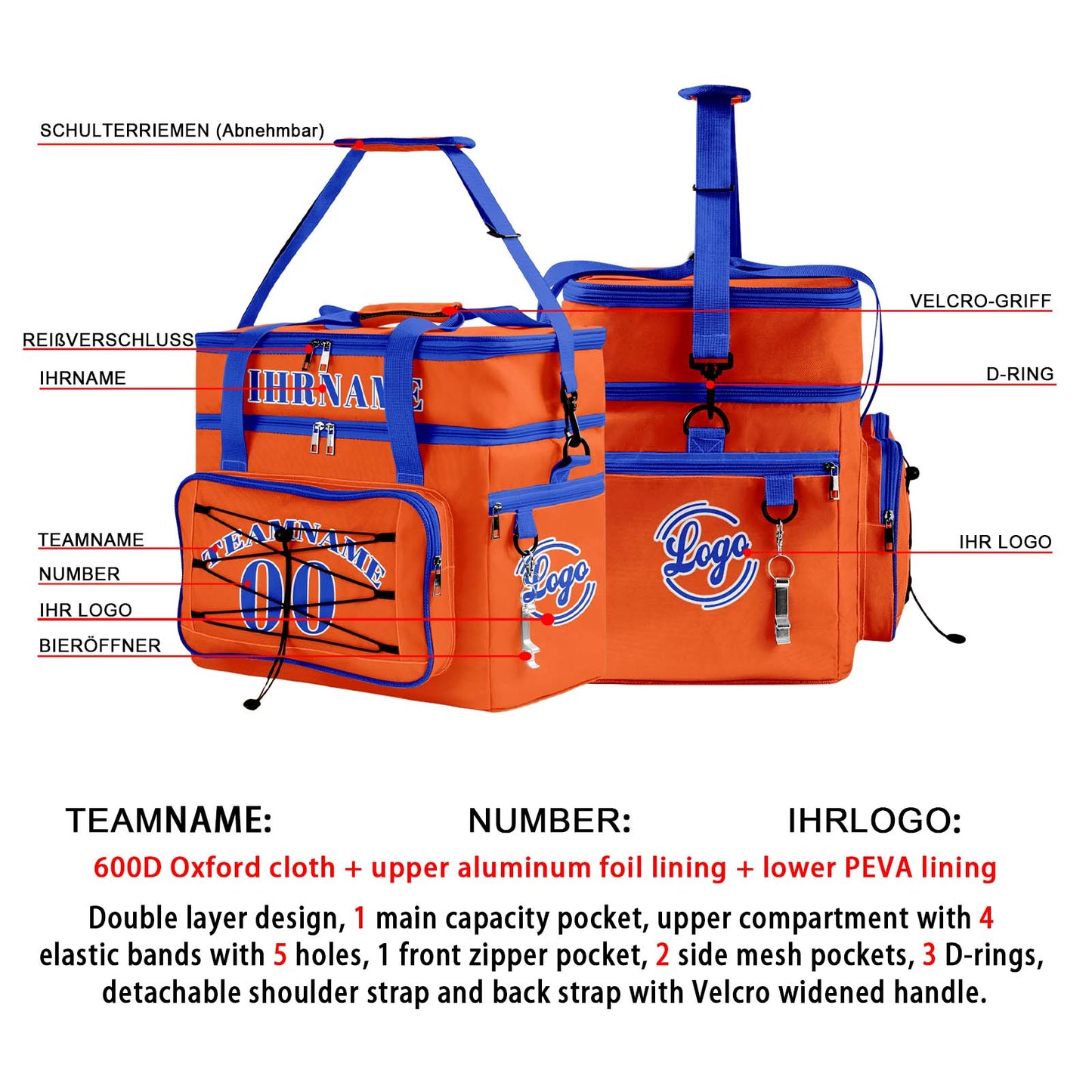 Maßgeschickerte Orange Blau vollflächig bedruckte isolierte Kühltasche mit Doppelwand Wasserdichte 600D Oxford Picknick-Tragetasche für Teamevents & Outdoor-Grillen