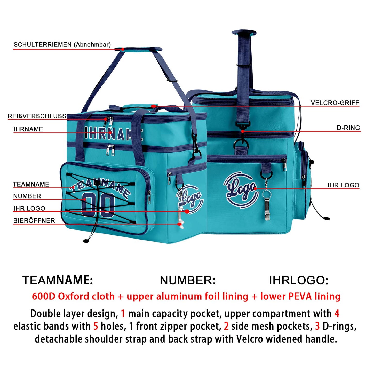 Maßgeschickerte Cyan Blau vollflächig bedruckte isolierte Kühltasche mit Doppelwand Wasserdichte 600D Oxford Picknick-Tragetasche für Teamevents & Outdoor-Grillen