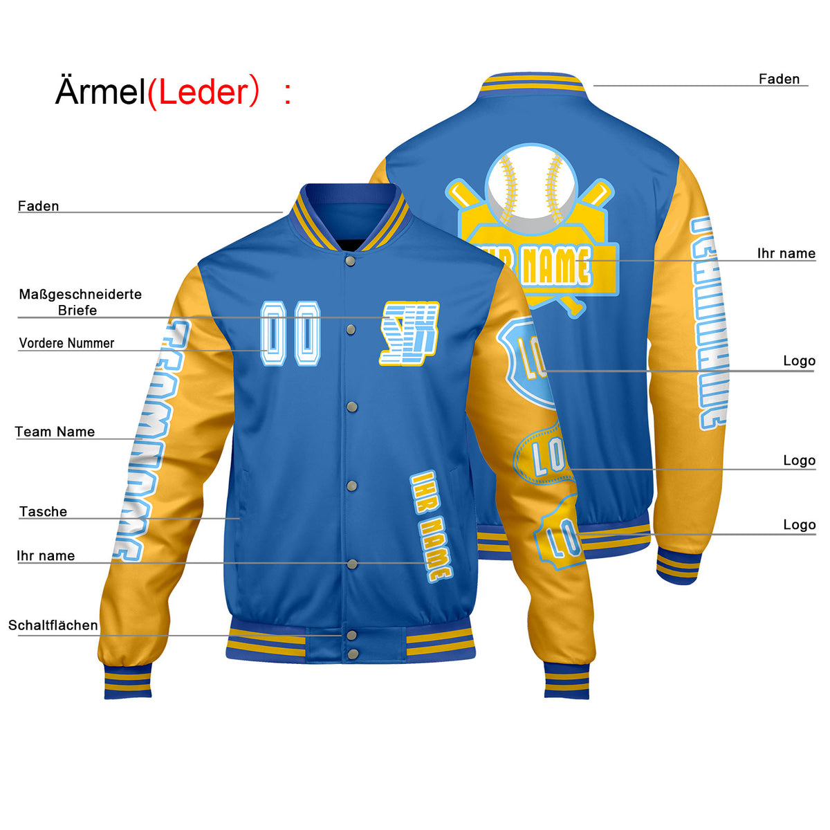 Maßgeschneiderte Blau Gelb Letterman Varsity Jacket Individuelle Stickerei  Druck nach Ihrem Wunsch