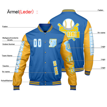 Maßgeschneiderte Blau Gelb Letterman Varsity Jacket Individuelle Stickerei  Druck nach Ihrem Wunsch