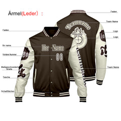 Maßgeschneiderte Braun Weiß Letterman Varsity Jacket Individuelle Stickerei  Druck nach Ihrem Wunsch