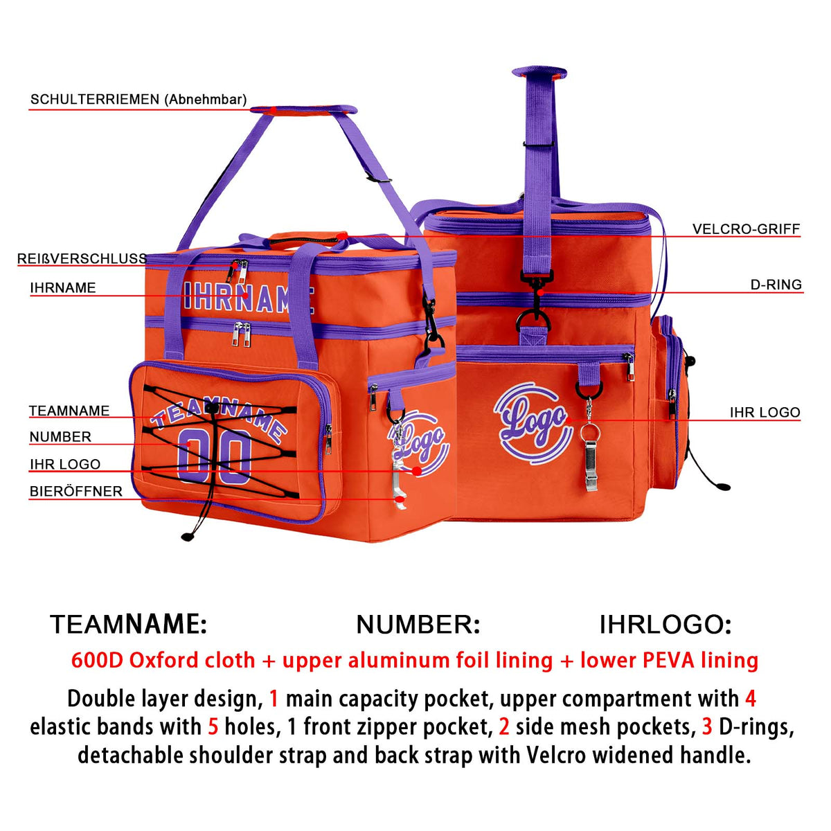 Maßgeschickerte Orange Lila vollflächig bedruckte isolierte Kühltasche mit Doppelwand Wasserdichte 600D Oxford Picknick-Tragetasche für Teamevents & Outdoor-Grillen