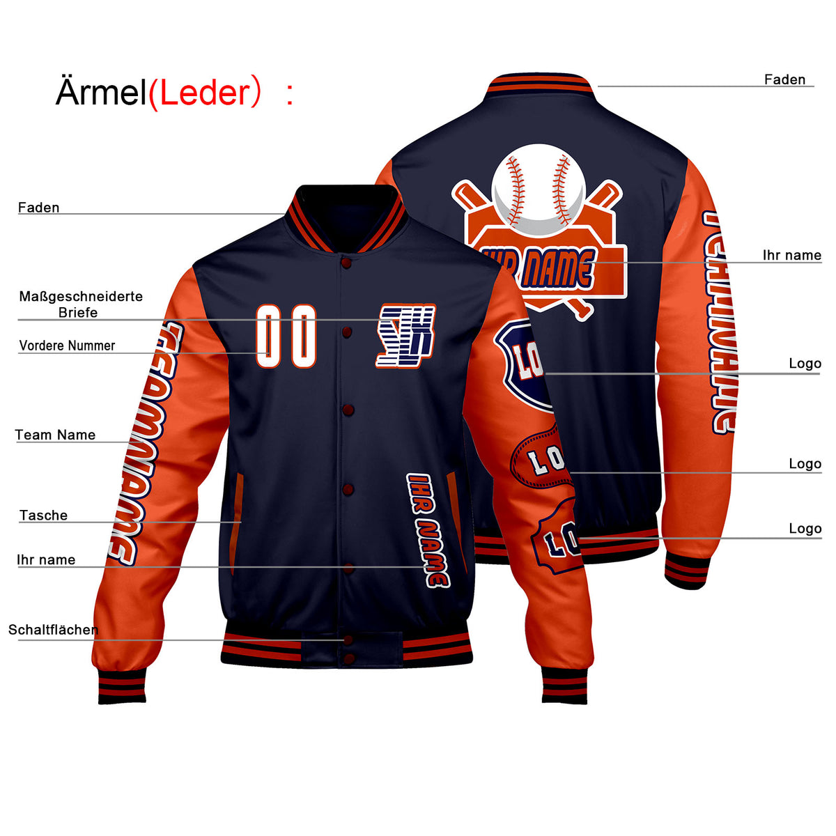 Maßgeschneiderte Marine Orange Letterman Varsity Jacket Individuelle Stickerei  Druck nach Ihrem Wunsch