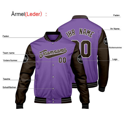 Maßgeschneiderte Lila Braun Letterman Varsity Jacket Individuelle Stickerei Druck nach Ihrem Wunsch