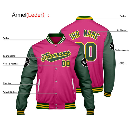 Maßgeschneiderte Rosa Grün Letterman Varsity Jacket Individuelle Stickerei Druck nach Ihrem Wunsch