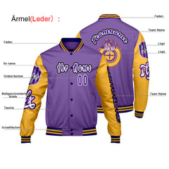 Maßgeschneiderte Lila Gelb Letterman Varsity Jacket Individuelle Stickerei  Druck nach Ihrem Wunsch