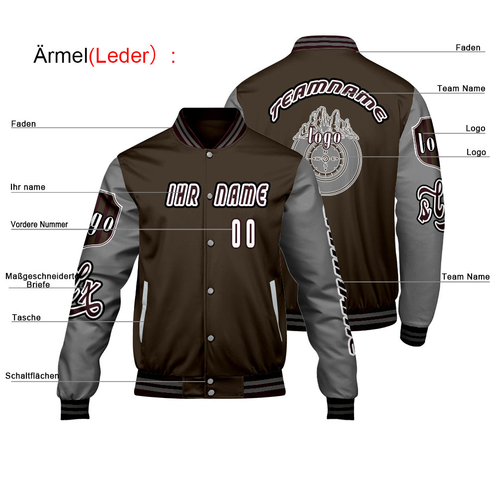 Maßgeschneiderte Braun Grau Letterman Varsity Jacket Individuelle Stickerei  Druck nach Ihrem Wunsch