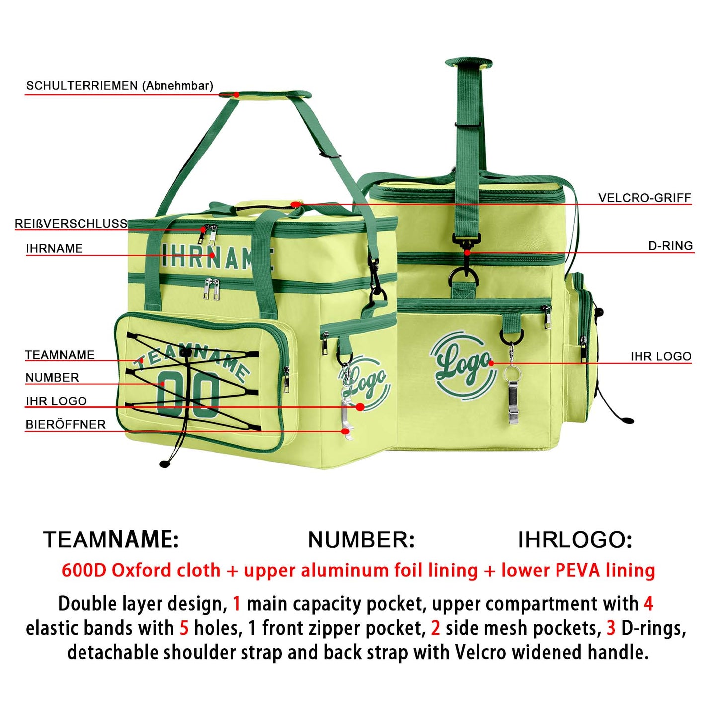 Maßgeschickerte Grün Weiß vollflächig bedruckte isolierte Kühltasche mit Doppelwand Wasserdichte 600D Oxford Picknick-Tragetasche für Teamevents & Outdoor-Grillen
