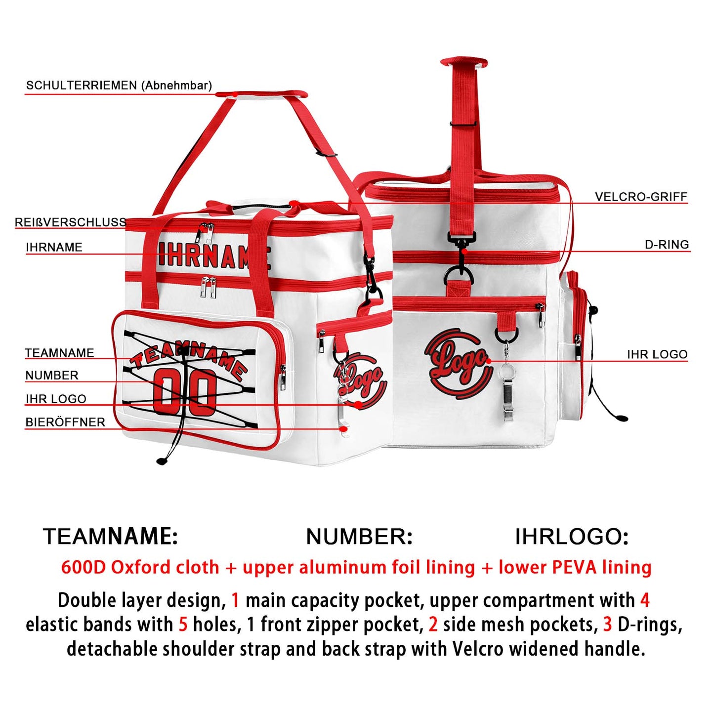 Maßgeschickerte Weiß Rot vollflächig bedruckte isolierte Kühltasche mit Doppelwand Wasserdichte 600D Oxford Picknick-Tragetasche für Teamevents & Outdoor-Grillen