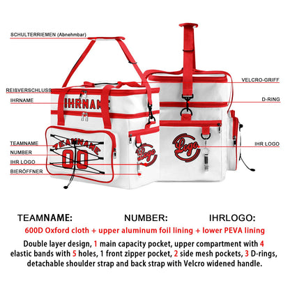 Maßgeschickerte Weiß Rot vollflächig bedruckte isolierte Kühltasche mit Doppelwand Wasserdichte 600D Oxford Picknick-Tragetasche für Teamevents & Outdoor-Grillen