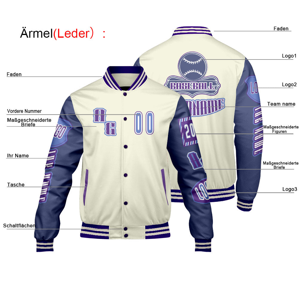 Maßgeschneiderte Lila Blau Letterman Varsity Jacket Individuelle Stickerei  Druck nach Ihrem Wunsch