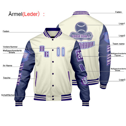Maßgeschneiderte Lila Blau Letterman Varsity Jacket Individuelle Stickerei  Druck nach Ihrem Wunsch