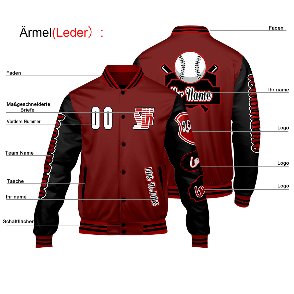 Maßgeschneiderte Rot Schwarz Letterman Varsity Jacket Individuelle Stickerei  Druck nach Ihrem Wunsch