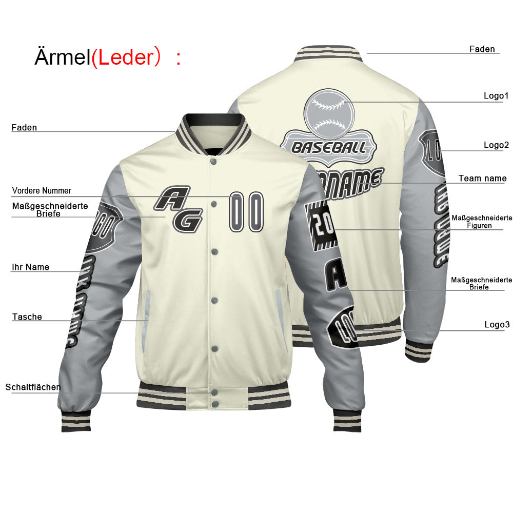 Maßgeschneiderte Grau Weiß Letterman Varsity Jacket Individuelle Stickerei  Druck nach Ihrem Wunsch