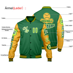 Maßgeschneiderte Grün Gelb Letterman Varsity Jacket Individuelle Stickerei  Druck nach Ihrem Wunsch