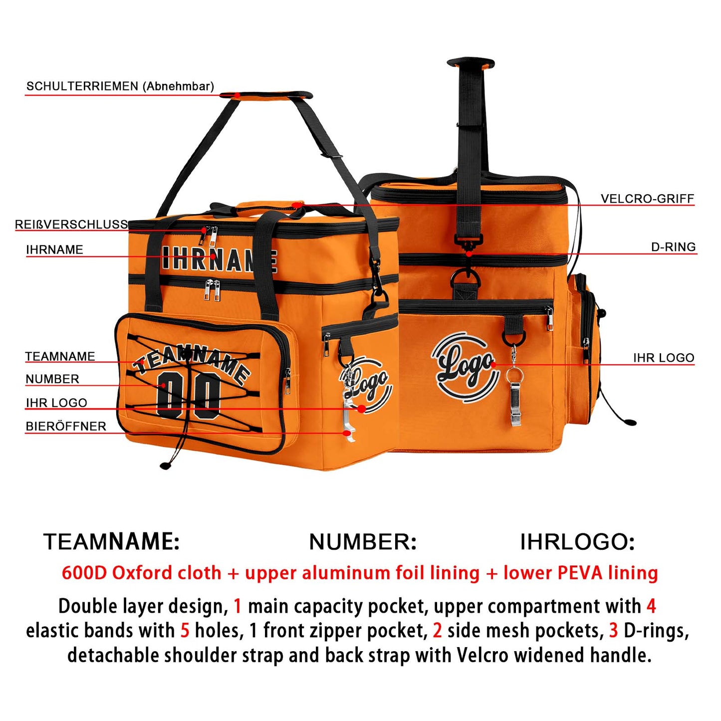 Maßgeschickerte Orange Schwarz vollflächig bedruckte isolierte Kühltasche mit Doppelwand Wasserdichte 600D Oxford Picknick-Tragetasche für Teamevents & Outdoor-Grillen