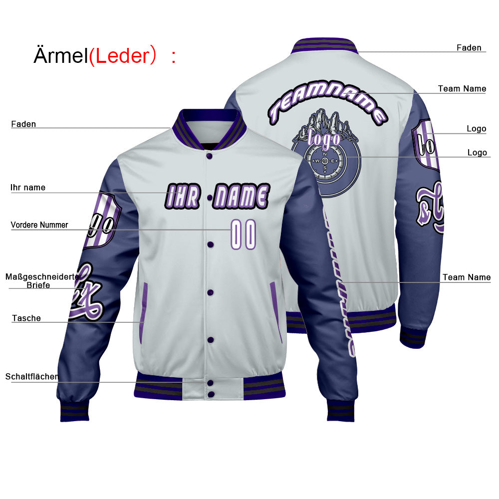 Maßgeschneiderte Grau Lila Letterman Varsity Jacket Individuelle Stickerei  Druck nach Ihrem Wunsch