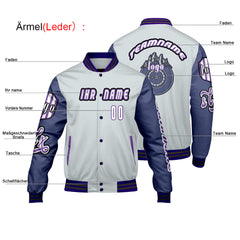 Maßgeschneiderte Grau Lila Letterman Varsity Jacket Individuelle Stickerei  Druck nach Ihrem Wunsch