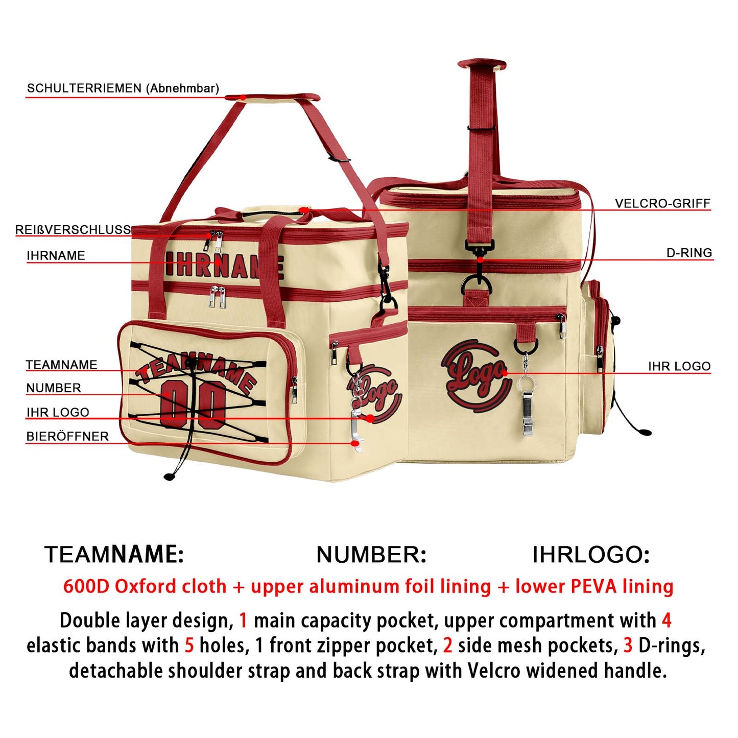 Maßgeschickerte Cremarot vollflächig bedruckte isolierte Kühltasche mit Doppelwand Wasserdichte 600D Oxford Picknick-Tragetasche für Teamevents & Outdoor-Grillen