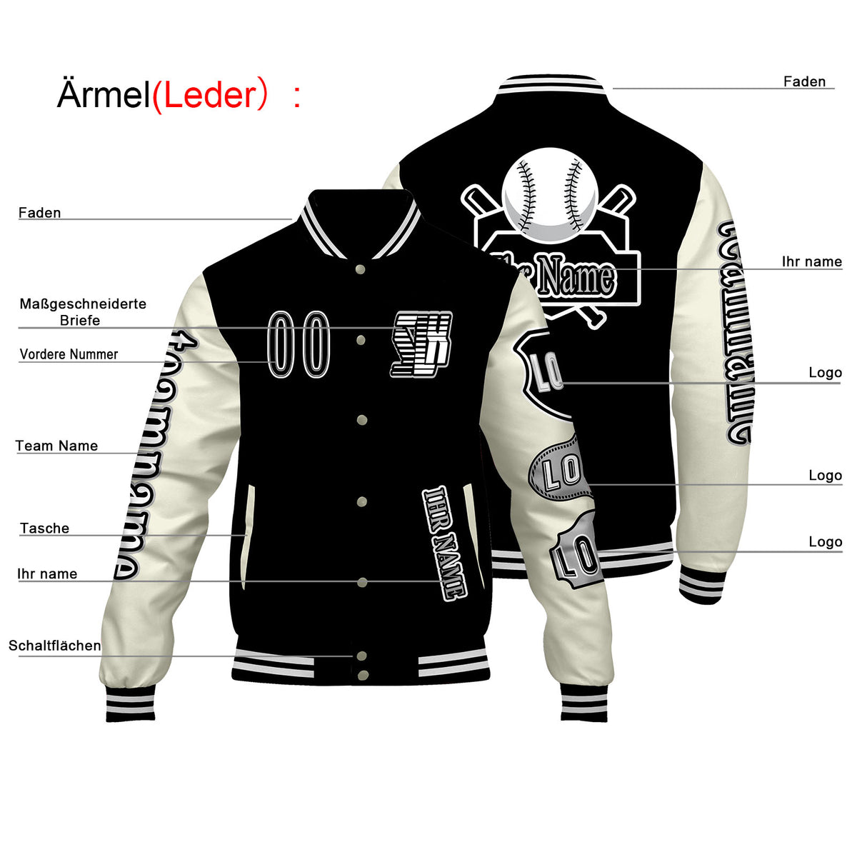 Maßgeschneiderte Schwarz Weiß Letterman Varsity Jacket Individuelle Stickerei  Druck nach Ihrem Wunsch