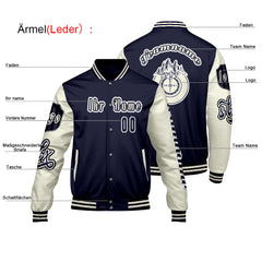 Maßgeschneiderte Marine Weiß Letterman Varsity Jacket Individuelle Stickerei  Druck nach Ihrem Wunsch