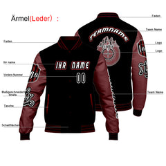 Maßgeschneiderte Schwarz Rot Letterman Varsity Jacket Individuelle Stickerei  Druck nach Ihrem Wunsch