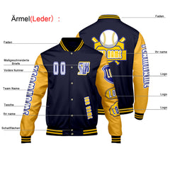 Maßgeschneiderte Marine Gelb Letterman Varsity Jacket Individuelle Stickerei  Druck nach Ihrem Wunsch