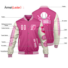 Maßgeschneiderte Rosa Weiß Letterman Varsity Jacket Individuelle Stickerei  Druck nach Ihrem Wunsch