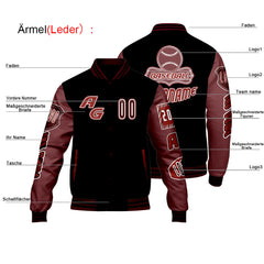Maßgeschneiderte Schwarz Rot Letterman Varsity Jacket Individuelle Stickerei  Druck nach Ihrem Wunsch