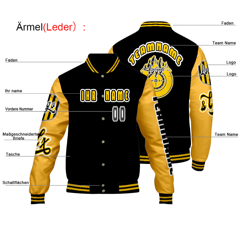 Maßgeschneiderte Schwarz Gelb Letterman Varsity Jacket Individuelle Stickerei  Druck nach Ihrem Wunsch
