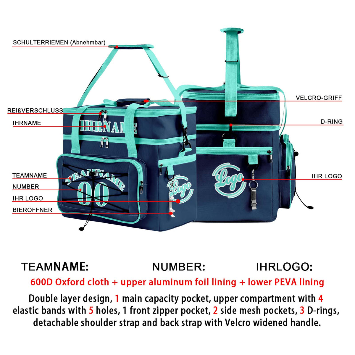 Maßgeschickerte Blau Cyan vollflächig bedruckte isolierte Kühltasche mit Doppelwand Wasserdichte 600D Oxford Picknick-Tragetasche für Teamevents & Outdoor-Grillen
