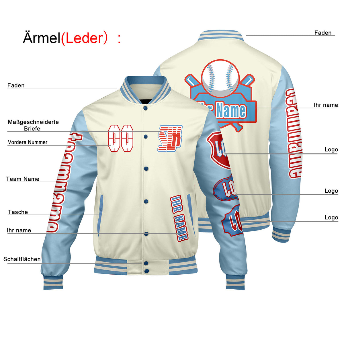 Maßgeschneiderte Weiß Blau Letterman Varsity Jacket Individuelle Stickerei  Druck nach Ihrem Wunsch