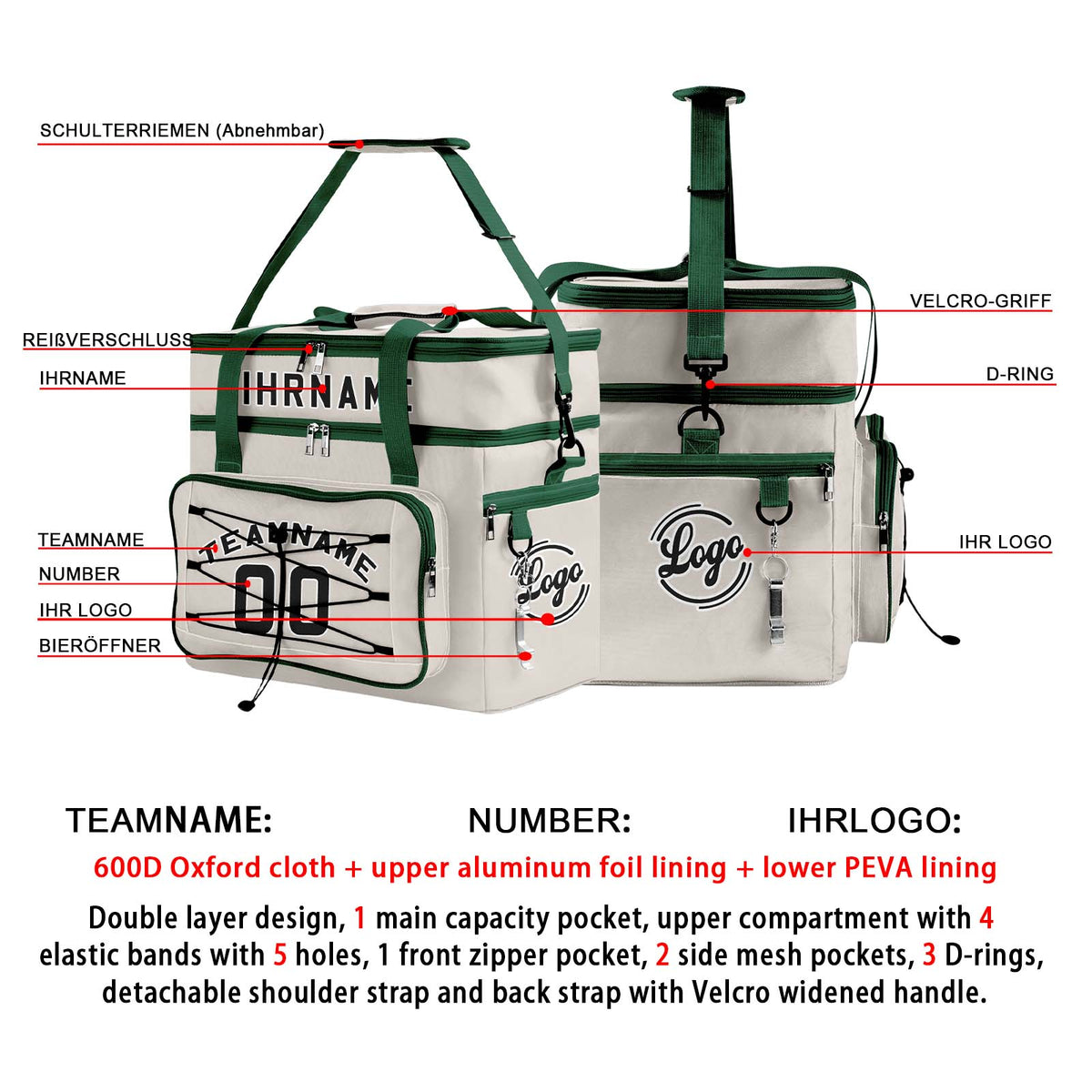 Maßgeschickerte Grau Grün vollflächig bedruckte isolierte Kühltasche mit Doppelwand Wasserdichte 600D Oxford Picknick-Tragetasche für Teamevents & Outdoor-Grillen