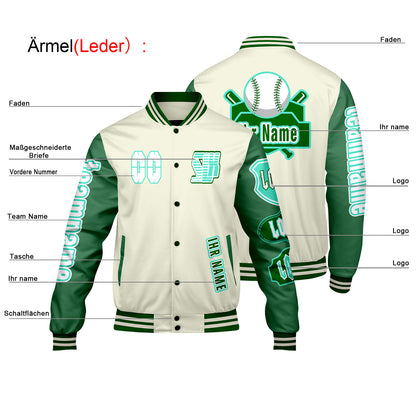 Maßgeschneiderte Weiß Grün Letterman Varsity Jacket Individuelle Stickerei  Druck nach Ihrem Wunsch