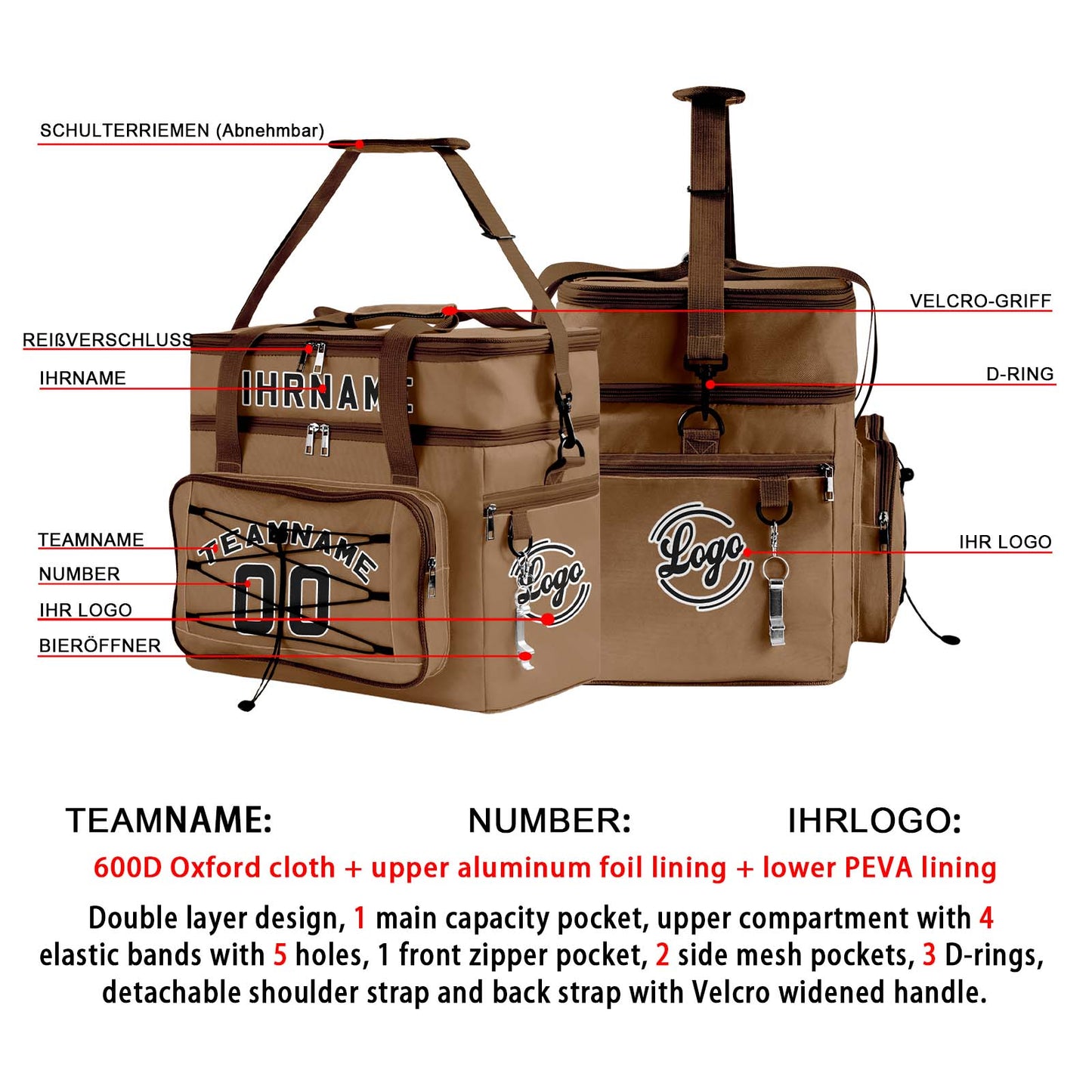 Maßgeschickerte Braun Schwarz vollflächig bedruckte isolierte Kühltasche mit Doppelwand Wasserdichte 600D Oxford Picknick-Tragetasche für Teamevents & Outdoor-Grillen