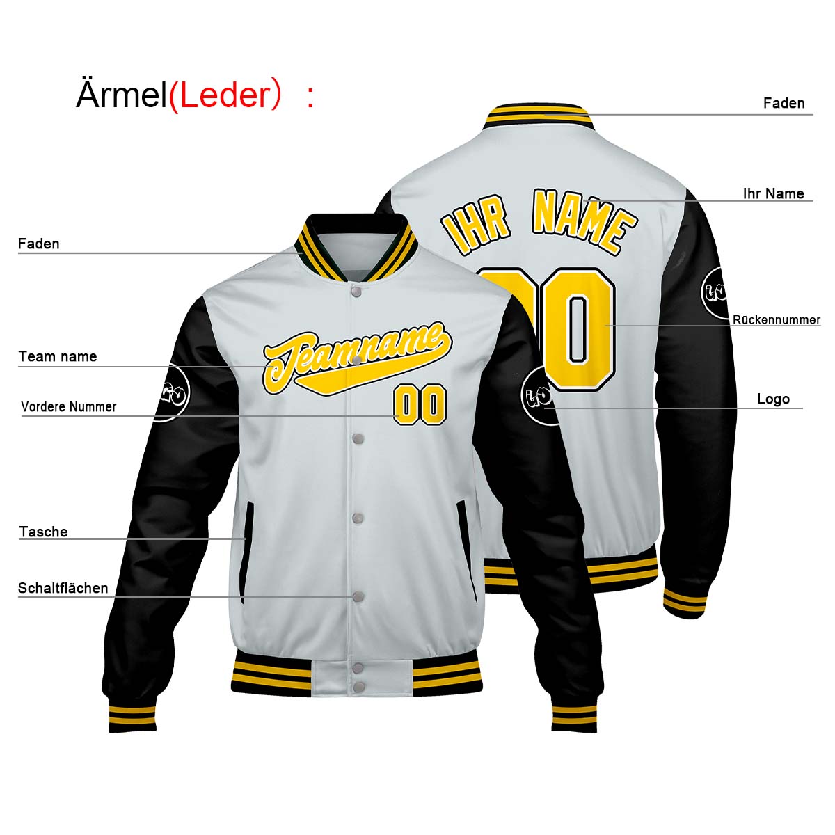 Maßgeschneiderte Hellgrau Schwarz Letterman Varsity Jacket Individuelle Stickerei Druck nach Ihrem Wunsch