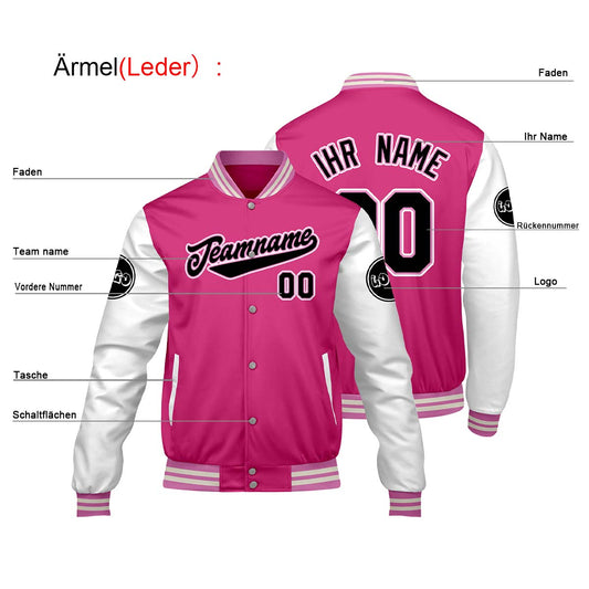 Maßgeschneiderte Rosa Weiß Letterman Varsity Jacket Individuelle Stickerei Druck nach Ihrem Wunsch