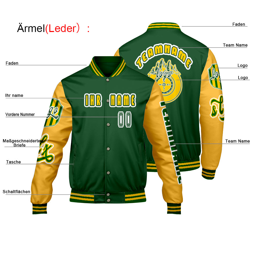 Maßgeschneiderte Grün Gelb Letterman Varsity Jacket Individuelle Stickerei  Druck nach Ihrem Wunsch