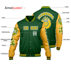 Maßgeschneiderte Grün Gelb Letterman Varsity Jacket Individuelle Stickerei  Druck nach Ihrem Wunsch