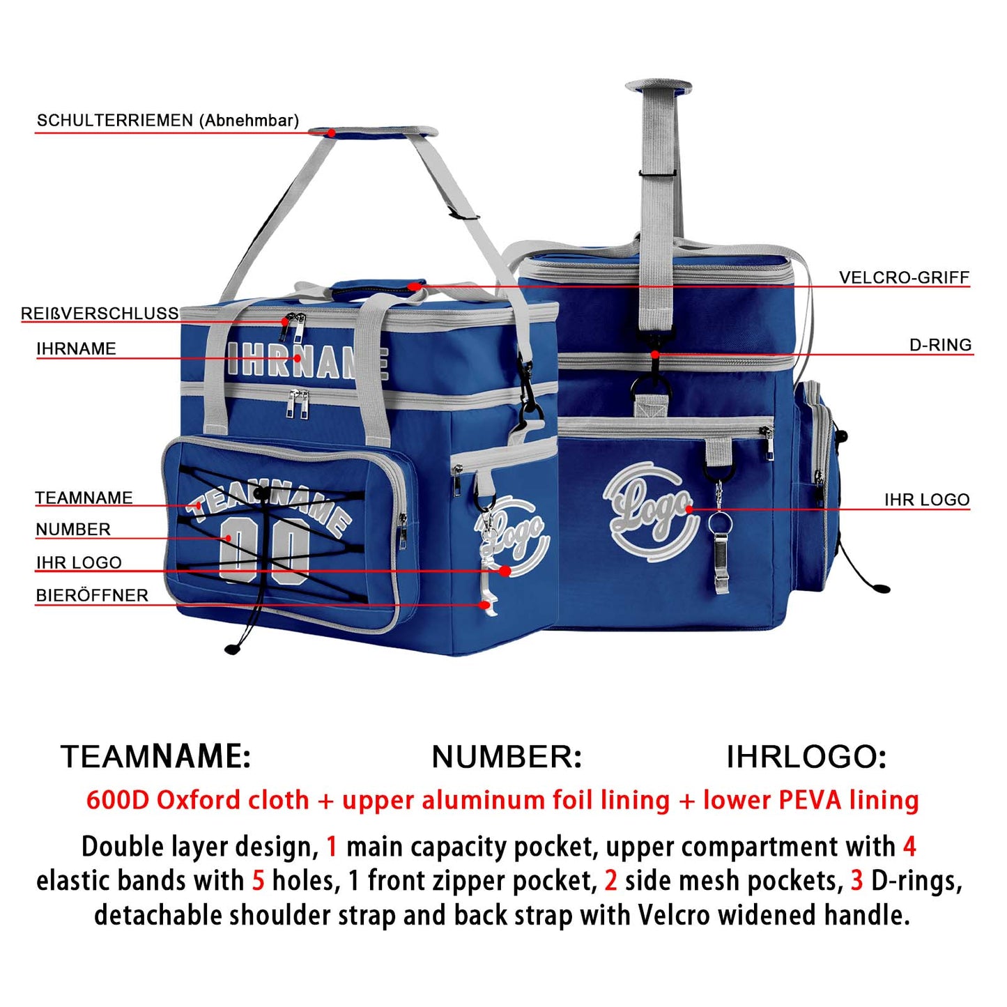 Maßgeschickerte Blau Grau vollflächig bedruckte isolierte Kühltasche mit Doppelwand Wasserdichte 600D Oxford Picknick-Tragetasche für Teamevents & Outdoor-Grillen
