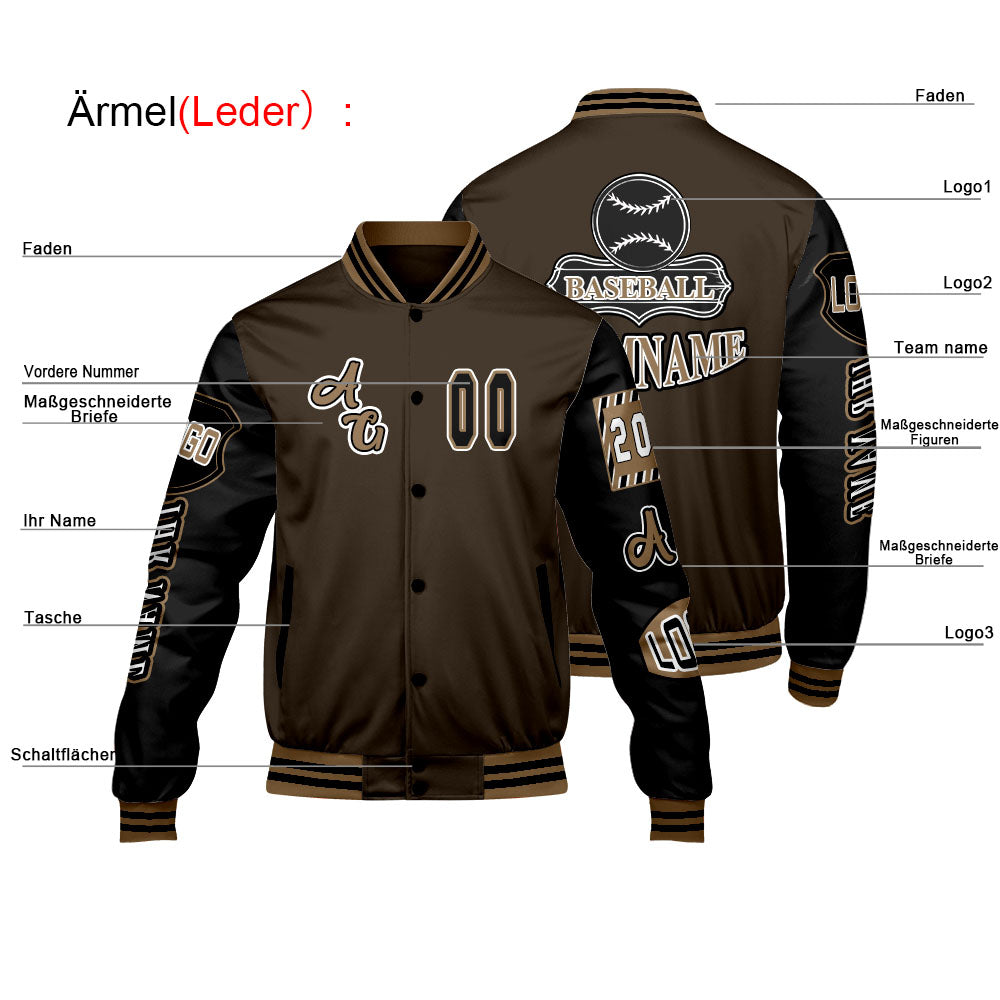 Maßgeschneiderte Braun Schwarz Letterman Varsity Jacket Individuelle Stickerei  Druck nach Ihrem Wunsch