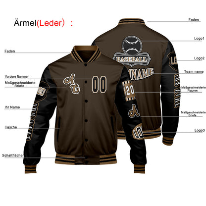 Maßgeschneiderte Braun Schwarz Letterman Varsity Jacket Individuelle Stickerei  Druck nach Ihrem Wunsch