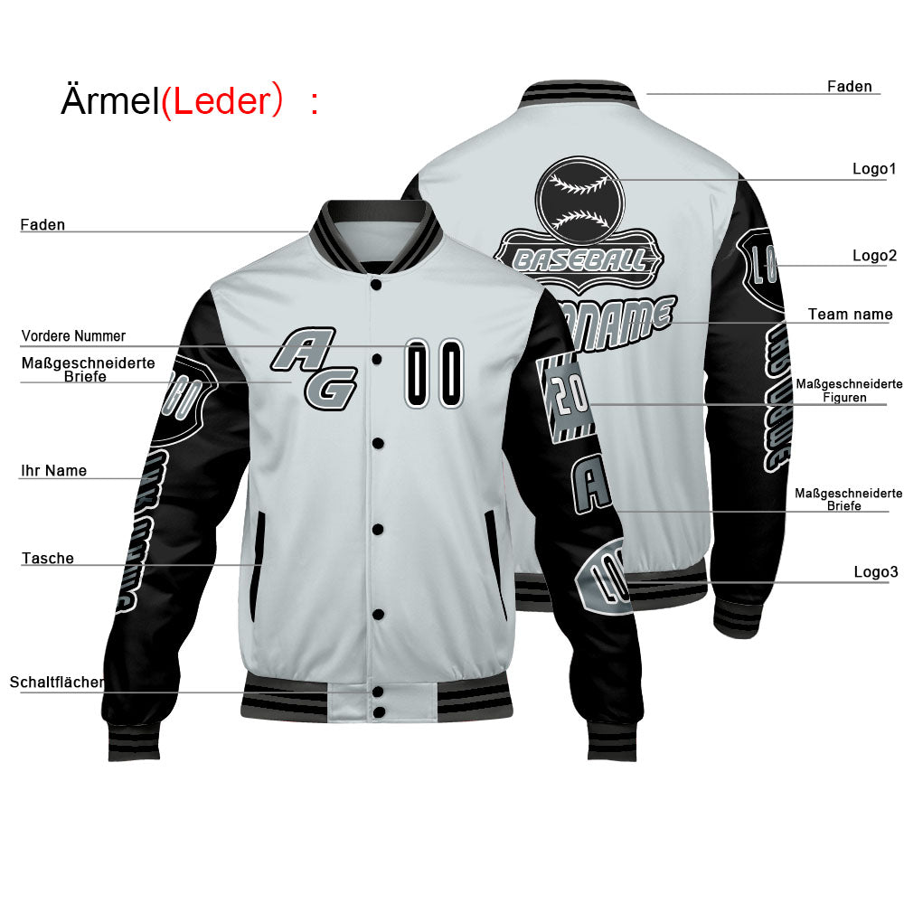 Maßgeschneiderte Grau Schwarz Letterman Varsity Jacket Individuelle Stickerei  Druck nach Ihrem Wunsch