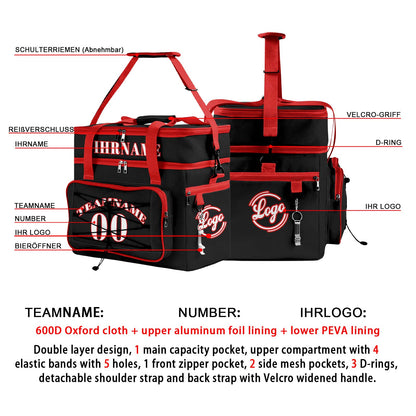 Maßgeschickerte Schwarz Rot vollflächig bedruckte isolierte Kühltasche mit Doppelwand Wasserdichte 600D Oxford Picknick-Tragetasche für Teamevents & Outdoor-Grillen