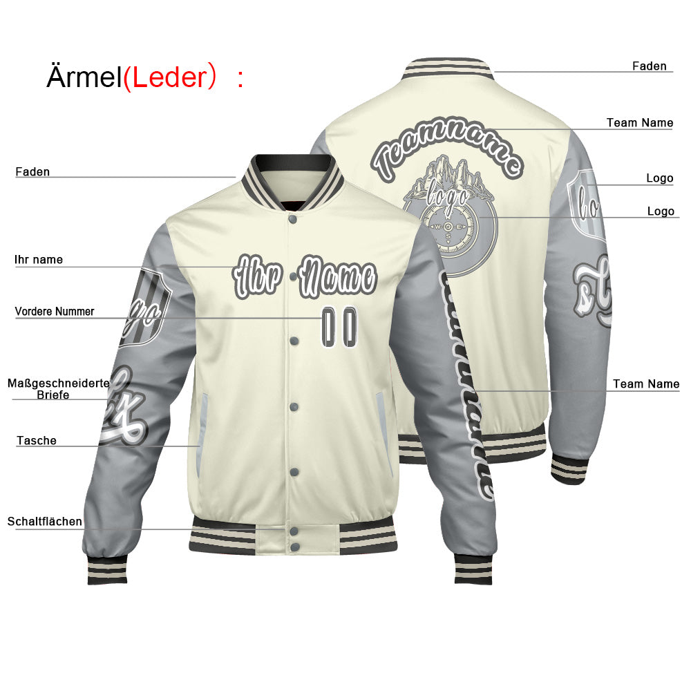 Maßgeschneiderte Weiß Grau Letterman Varsity Jacket Individuelle Stickerei  Druck nach Ihrem Wunsch