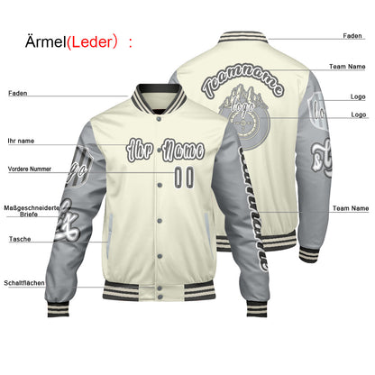 Maßgeschneiderte Weiß Grau Letterman Varsity Jacket Individuelle Stickerei  Druck nach Ihrem Wunsch